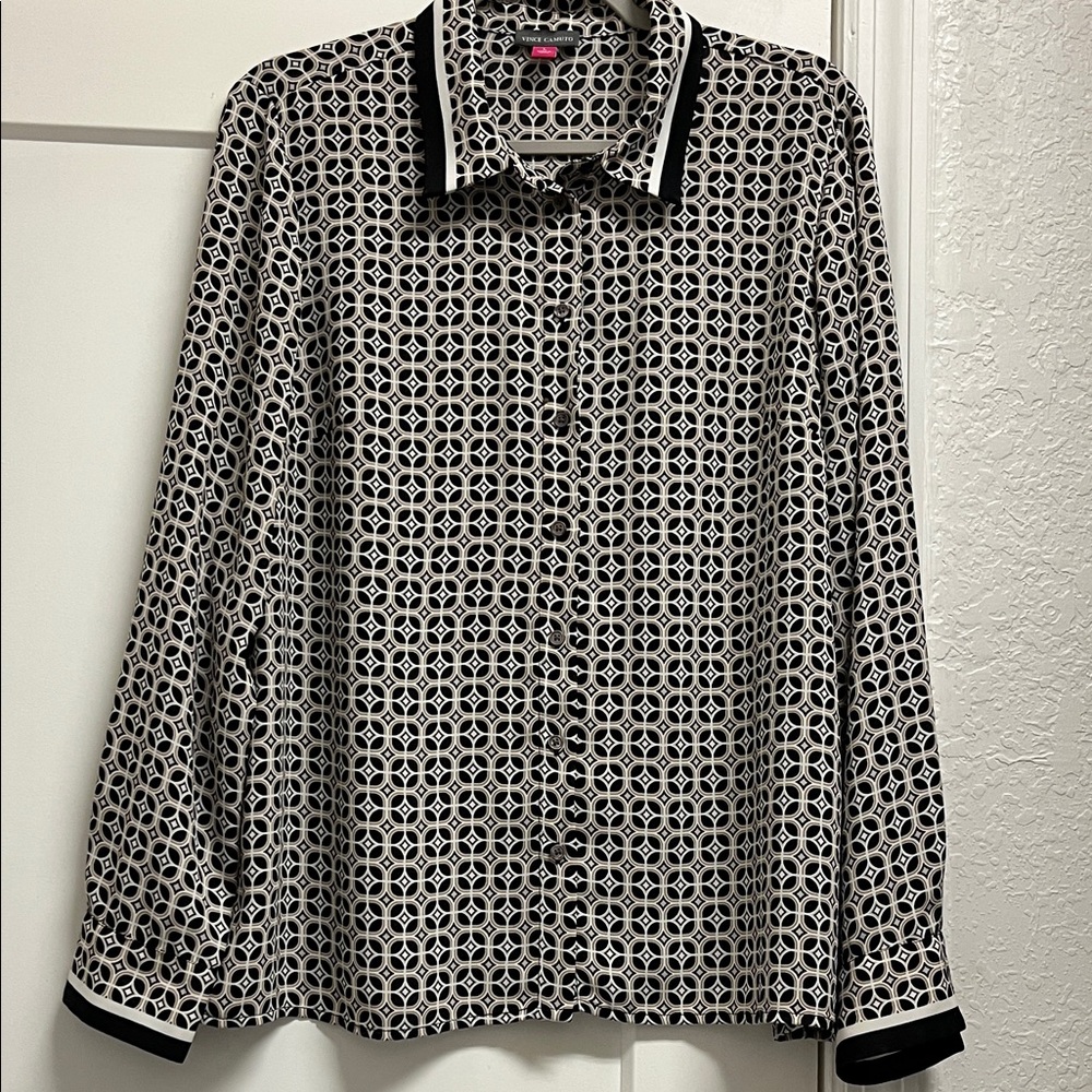 Vince Camuto Geometric Black, Tan and White Women’s Blouse Size Large